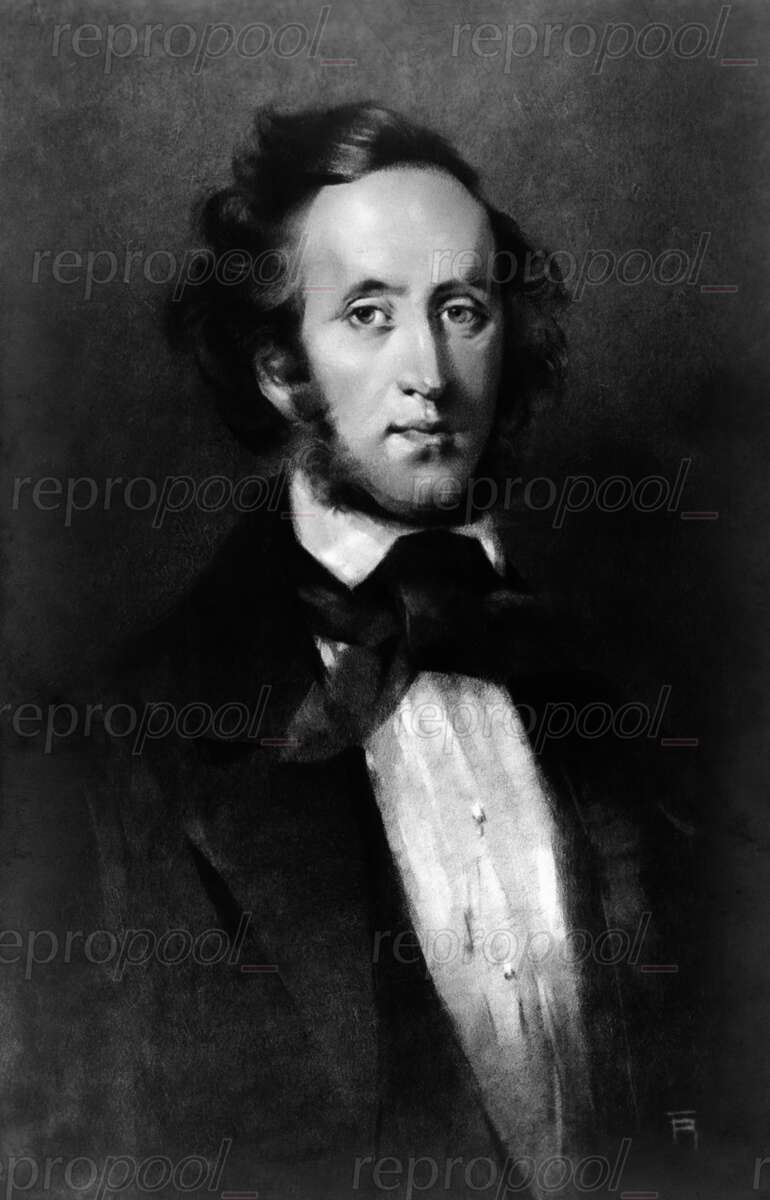 Felix Mendelssohn Bartholdy; Zeichnung von unbekannter Hand (nach 1840);<br>nach: Gemälde von Eduard Magnus (um 1840)