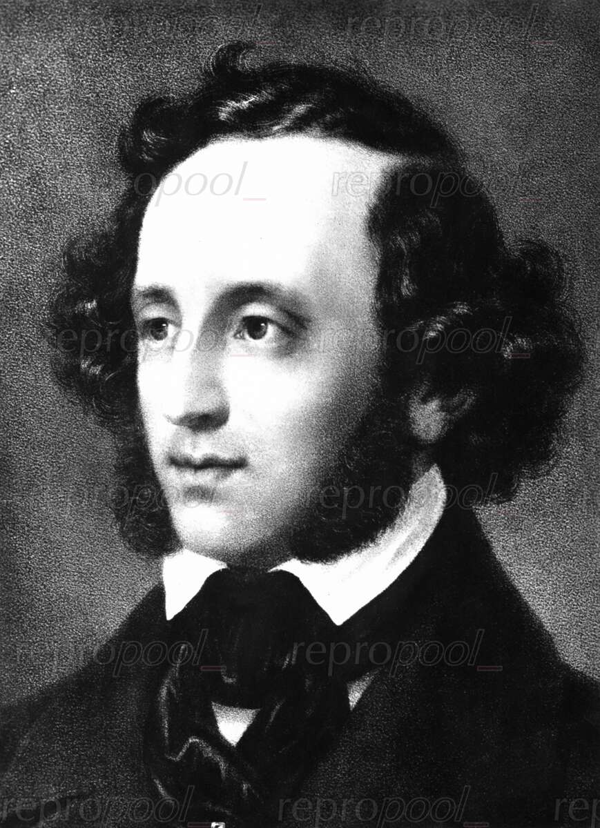 Felix Mendelssohn Bartholdy; Stahlstich von unbekannter Hand (nach 1846);<br>nach: Radierung von Ludwig Michalek;<br>nach: Gemälde von Eduard Magnus (1846)
