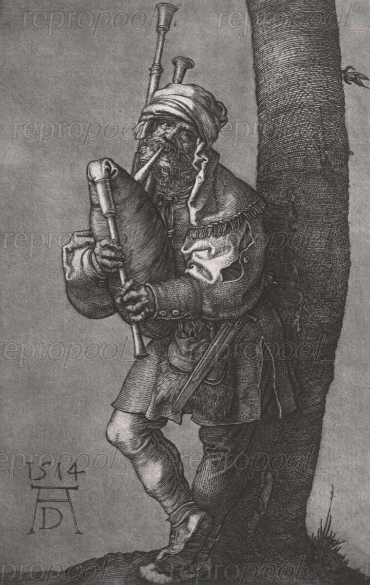Der Dudelsackpfeifer; Lithografie von unbekannter Hand;<br>nach: Kupferstich von Albrecht Dürer (1514)