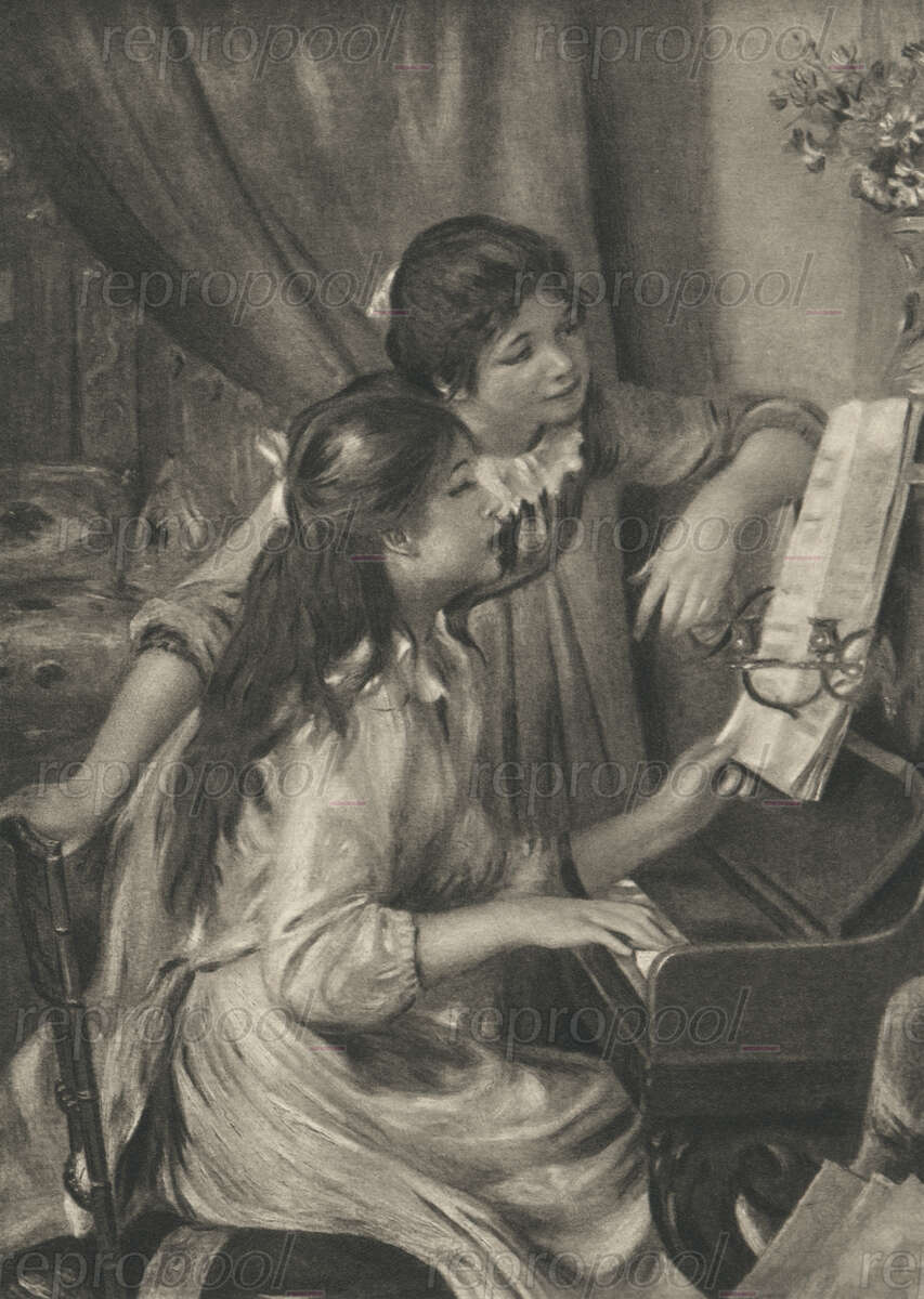 Junge Mädchen am Klavier; Lithografie von unbekannter Hand (1900);<br>nach: Gemälde von Pierre-Auguste Renoir (1882)