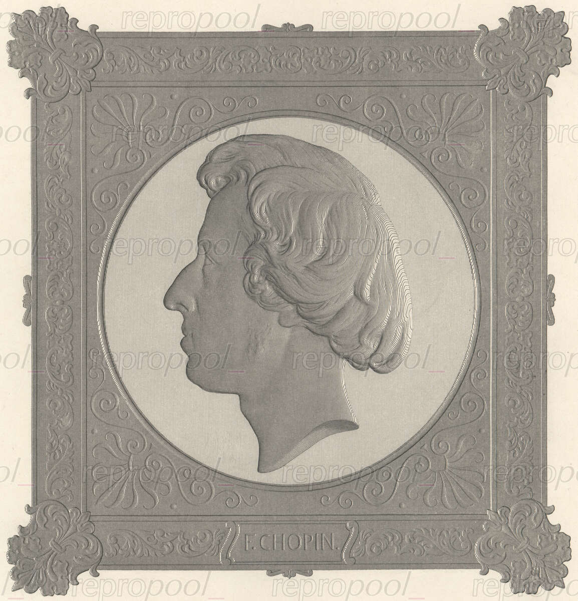 Frédéric Chopin; Radierung: von Friedrich Schauer (1844);<br>nach: Medaille von Jean François Antoine Bovy (1837)