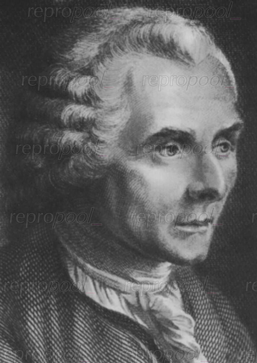 Jean Jacques Rousseau; Kupferstich von Jugouf le Jeune (um 1785);<br>nach: Büste von Jean Antoine Houdon