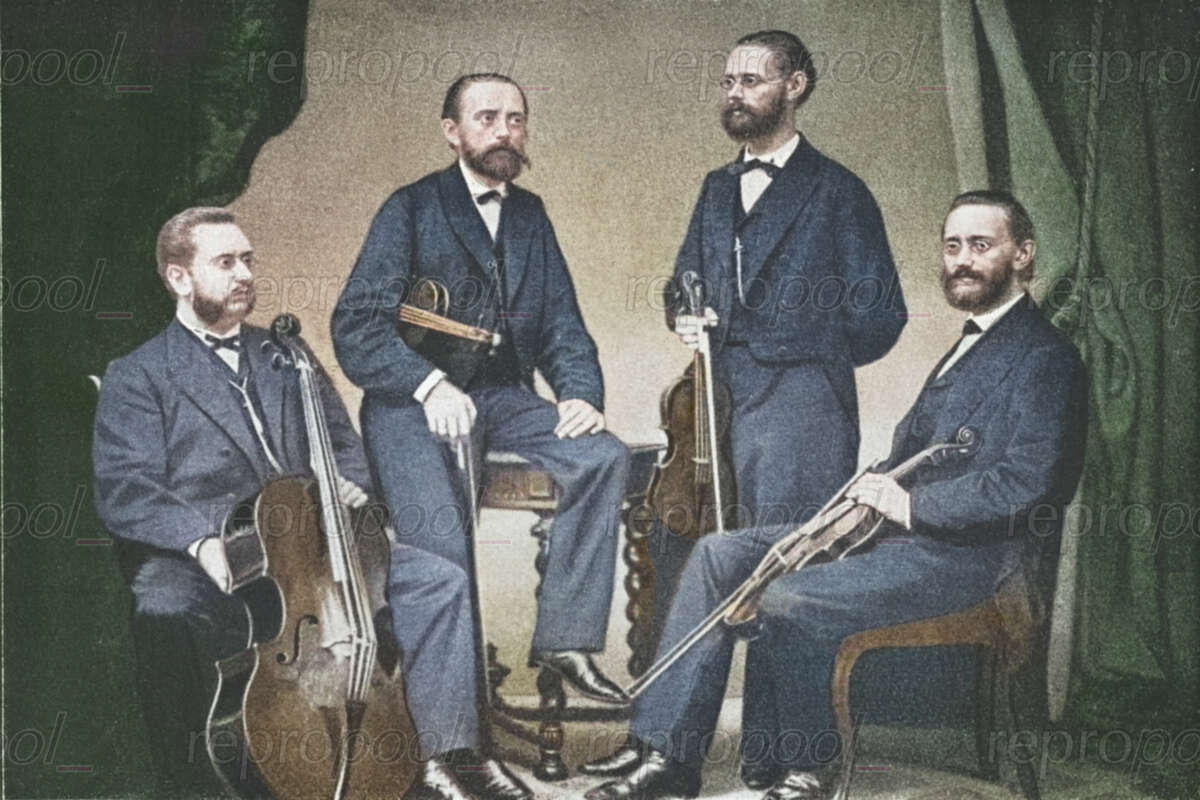 Das Herzogl. S..-Meiningen'sche Hof-Quartett; Lithografie von unbekannter Hand;<br>nach: Fotografie von August Dorbritz (um 1880)