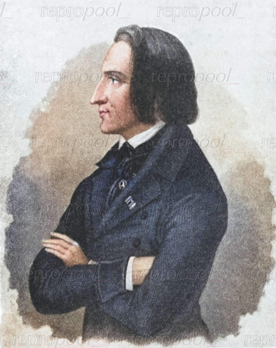 Franz Liszt; Tuschezeichnung von unbekannter Hand;<br>nach: Stahlstich von unbekannter Hand (um 1840)